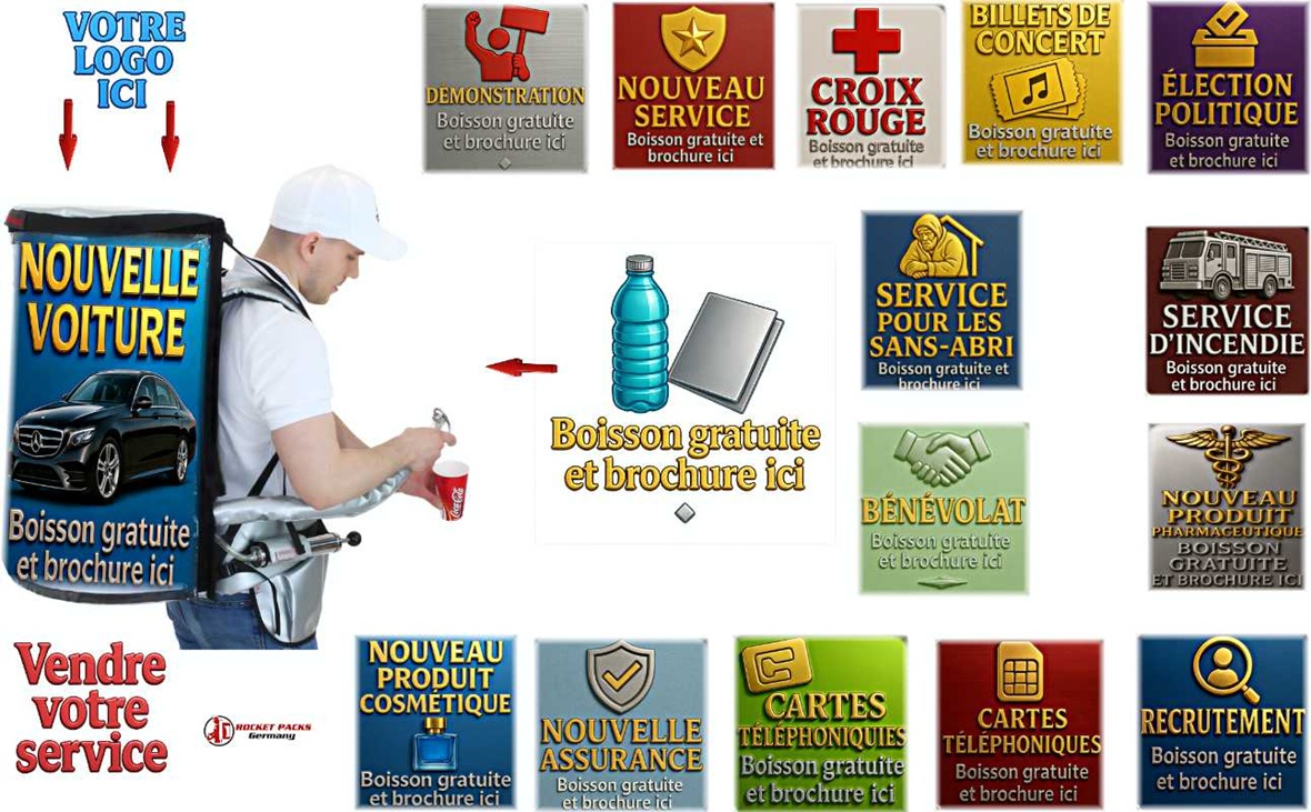 �� Découvrez le distributeur d’échantillons de boissons Rocketpacks monté sur un sac à dos ergonomique, conçu pour les événements, salons, foires et campagnes promotionnelles partout où vous souhaitez booster l'expérience client ����. Ce système innovant assure une distribution rapide et hygiénique de boissons fraîches ou chaudes, qu'il s'agisse de jus, soda, thés, cafés ou infusions, permettant à vos équipes de se déplacer librement au cœur des foules pour offrir des dégustations gourmandes et capter l’attention du public ����.