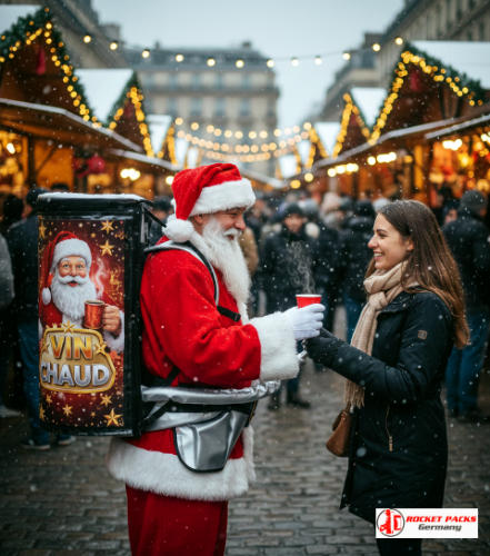 Vin chaud servi via un sac distributeur au marché de Noël de Valence avec un immense arbre lumineux, arômes d’épices, service ambulant dans une nuit fraîche et festive.